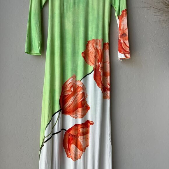Alice + Olivia Delora‎ Open Back Green Tulip Print 3/4 Sleeve Crew Maxi Dress 6 - Picture 6 of 12